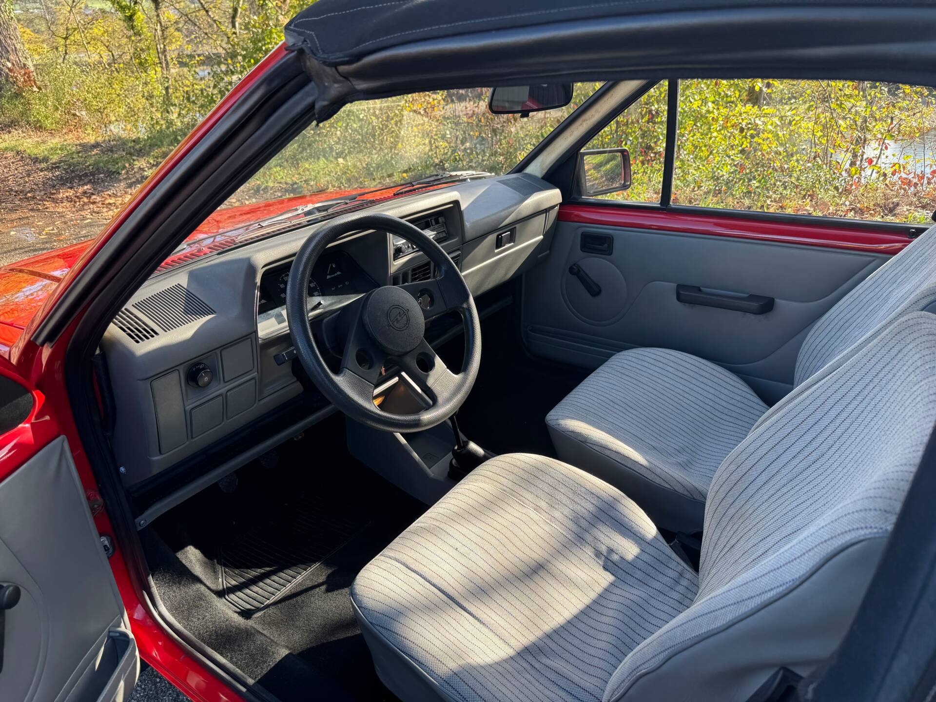 Blick durch die offene Beifahrertür auf Sitze und Cockpit